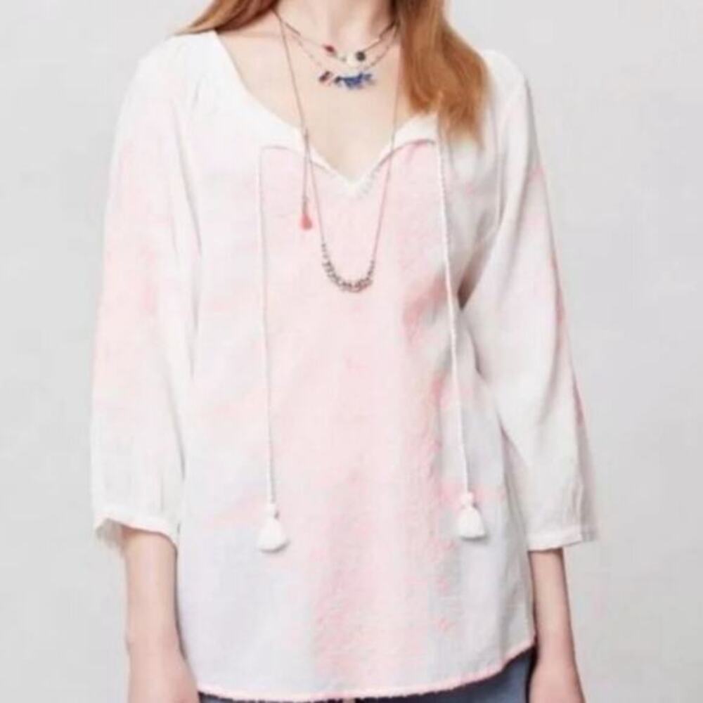 Anthropologie x Maeve Slightly Sheer‎ White  Neon Pink Tribal Embroidered Top 4